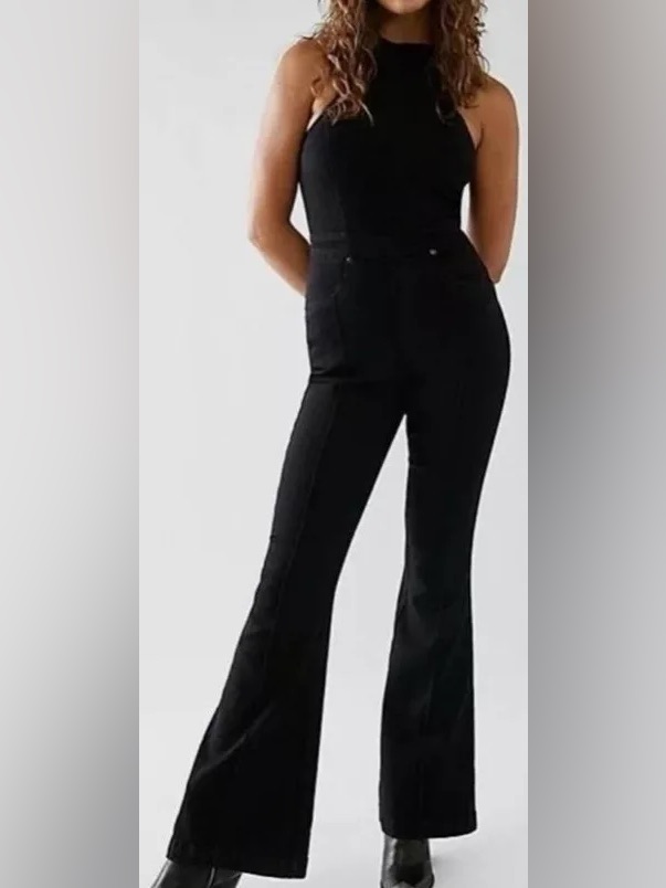 Free People We The Free Crvy Sydney Jumpsuit Black Denim Flare 12 (1337)